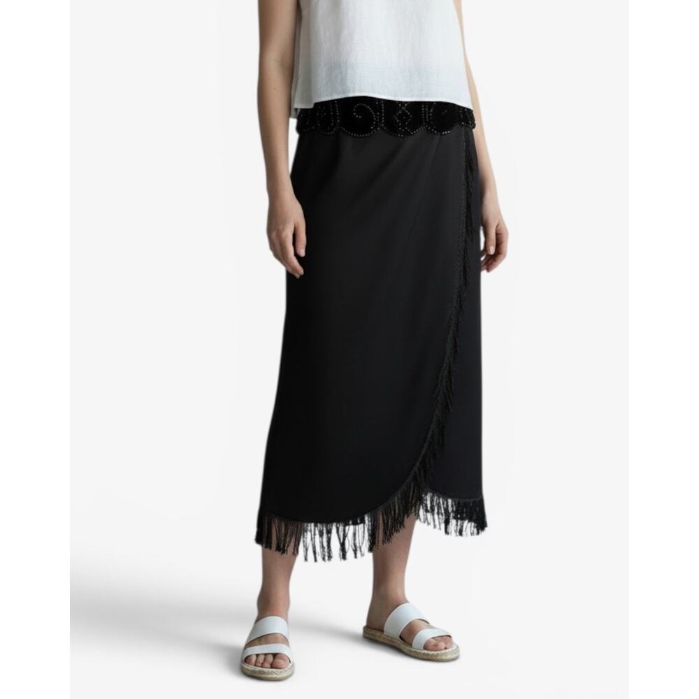 Harvé Benard Black 90s Fringe Midi Skirt Asymmetrical Wrap Western Boho Sz Small